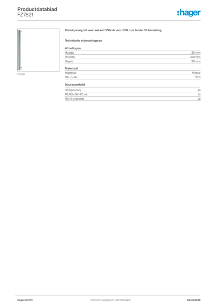 Afbeelding Hager Productdatablad FZ7821 | Hager Nederland