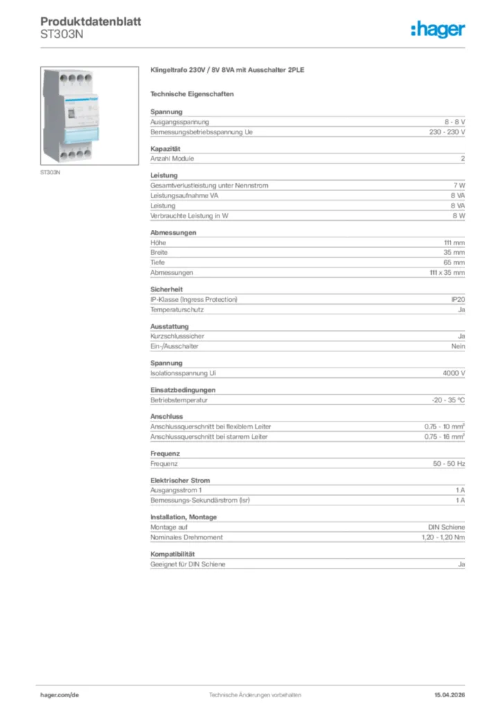 Bild Hager Produktdatenblatt ST303N | Hager Deutschland