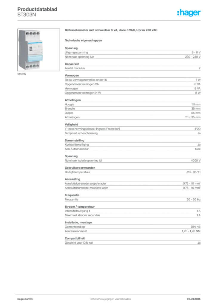 Afbeelding Hager Productdatablad ST303N | Hager Nederland