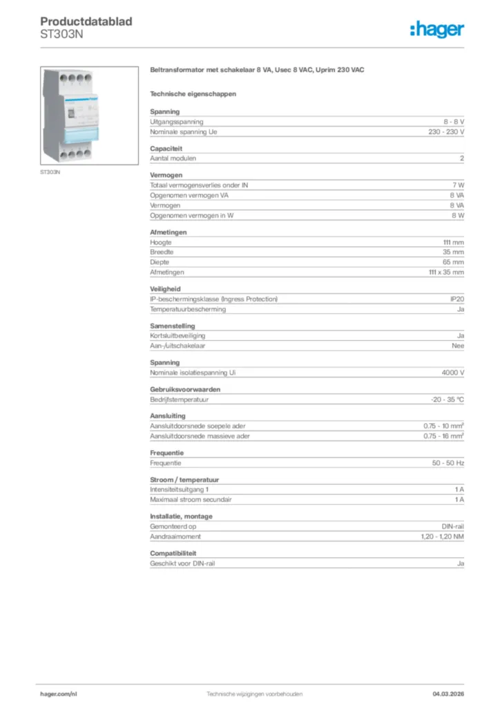 Afbeelding Hager Productdatablad ST303N | Hager Nederland