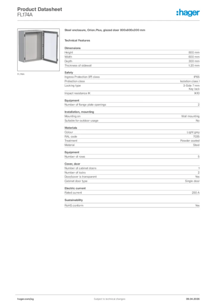 Image Hager Product data sheet FL174A  | Hager