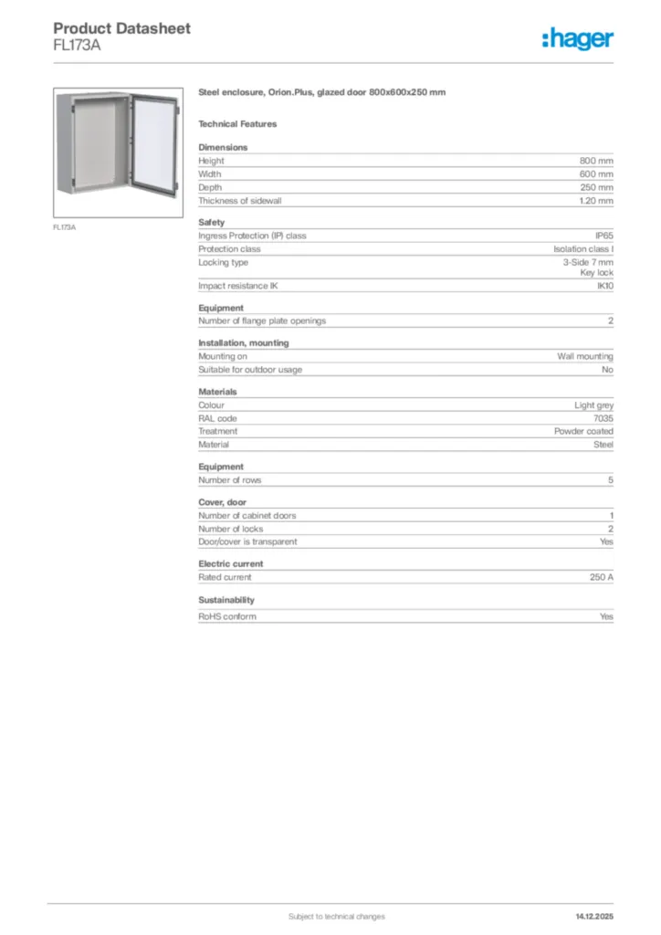 Image Hager Product data sheet FL173A  | Hager Africa