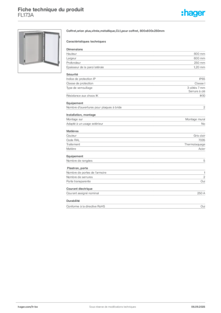 Image Hager Fiche technique du produit FL173A | Hager Belgique