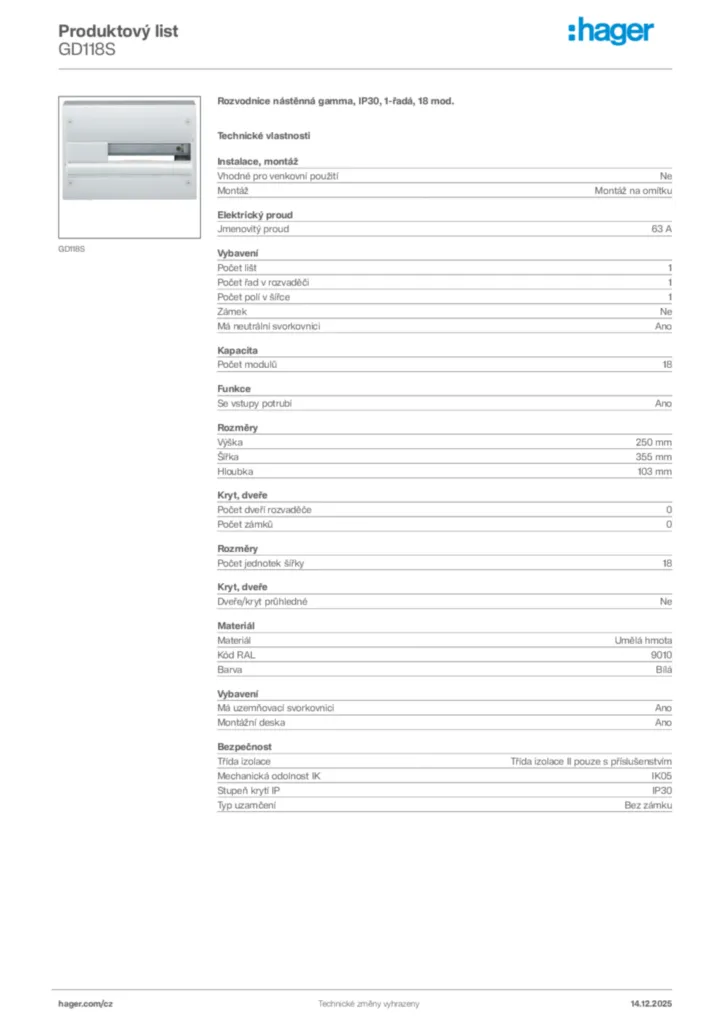 Obrázek Hager Produktový list GD118S | Hager