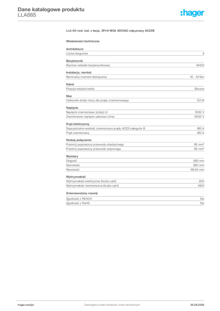 Zdjęcie Hager Dane katalogowe produktu LLA865 | Hager Polska