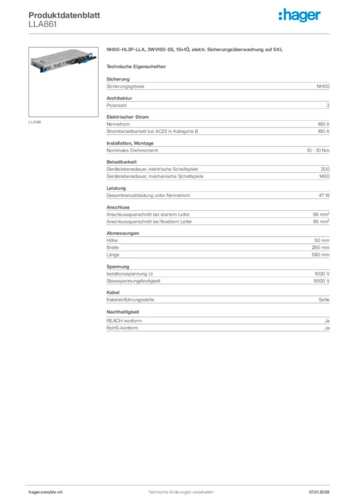 Bild Hager Produktdatenblatt LLA861 | Hager Schweiz