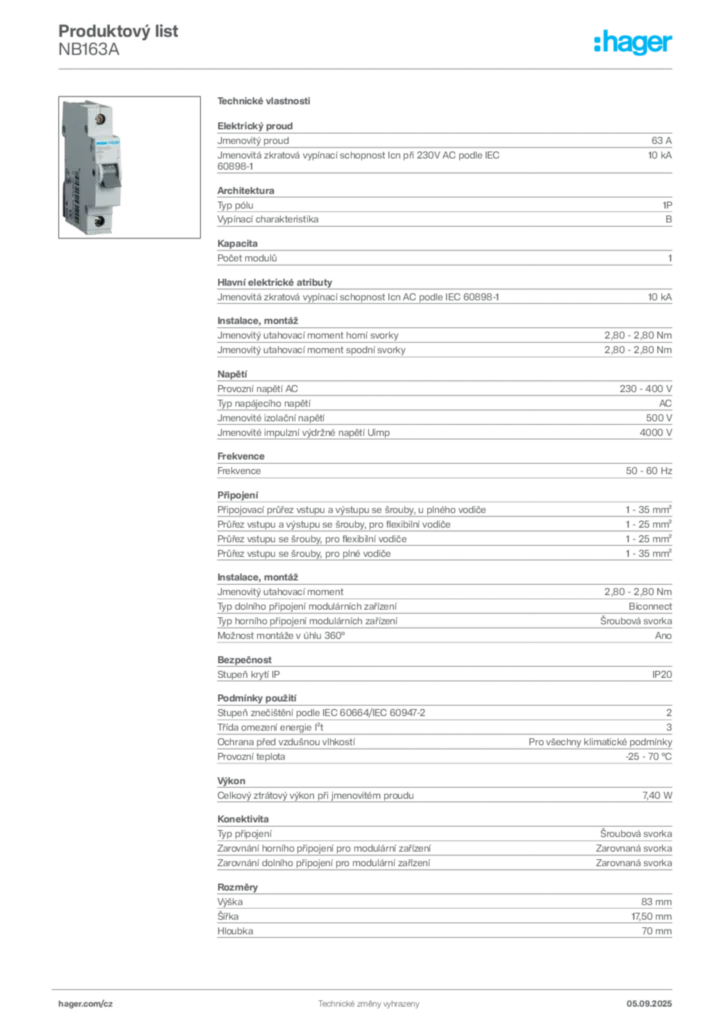 Obrázek Hager Produktový list NB163A | Hager