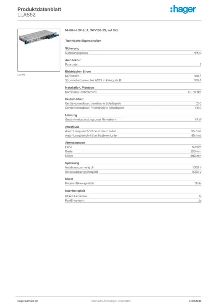 Bild Hager Produktdatenblatt LLA852 | Hager Schweiz