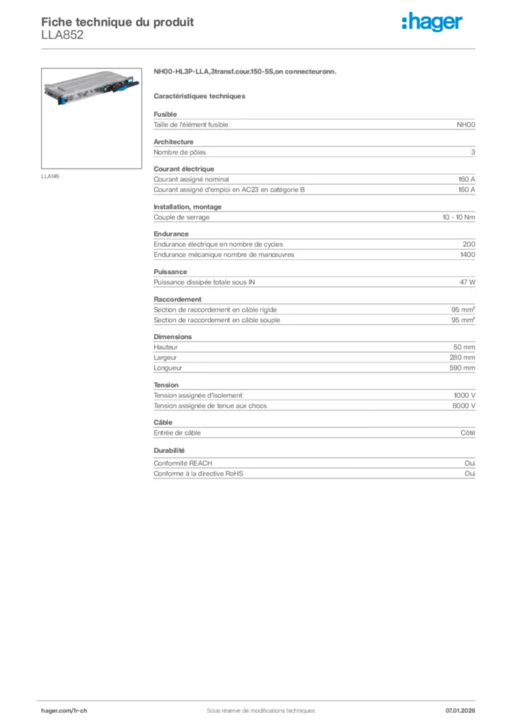 Image Hager Fiche technique du produit LLA852 | Hager Suisse