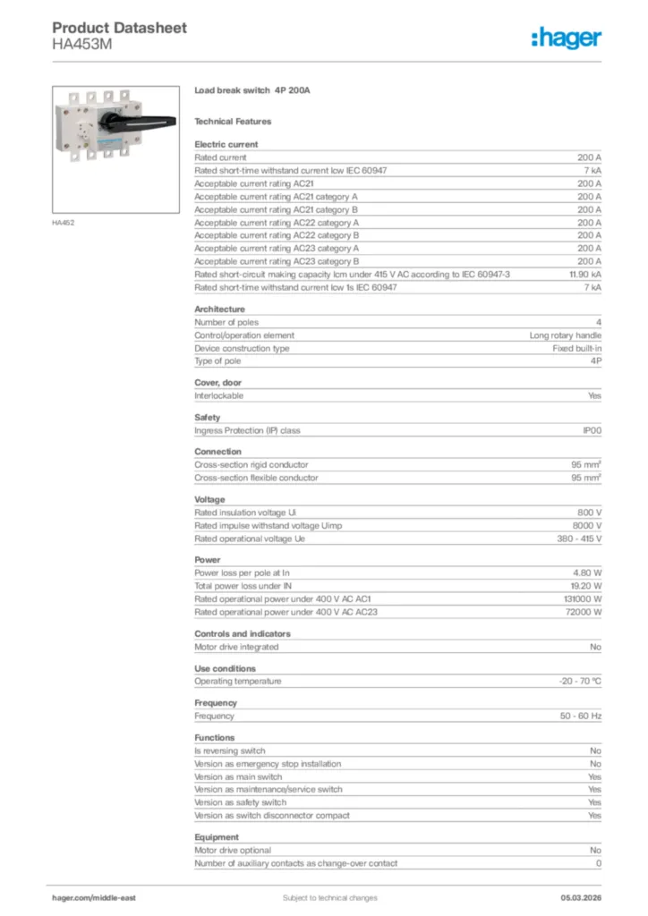 Image Hager Product data sheet HA453M  | Hager