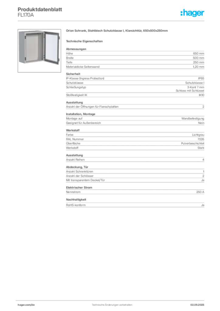 Hager Produktdatenblatt FL170A