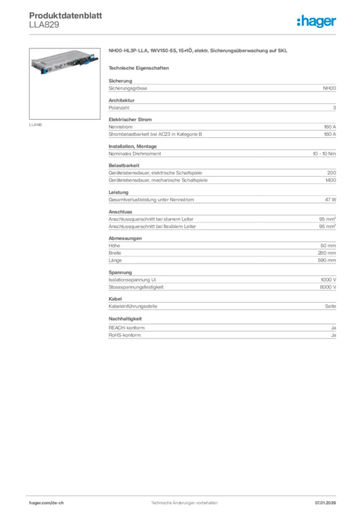 Bild Hager Produktdatenblatt LLA829 | Hager Schweiz