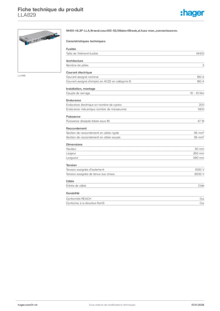 Image Hager Fiche technique du produit LLA829 | Hager Suisse