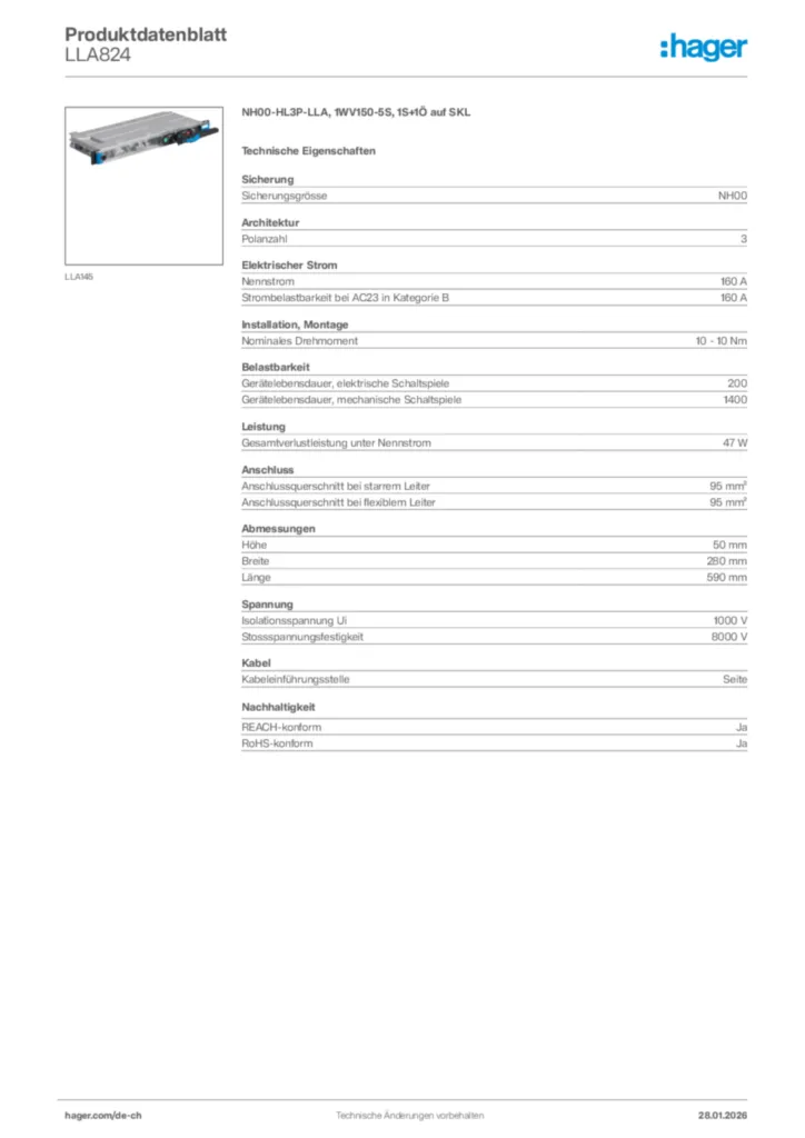 Bild Hager Produktdatenblatt LLA824 | Hager Schweiz