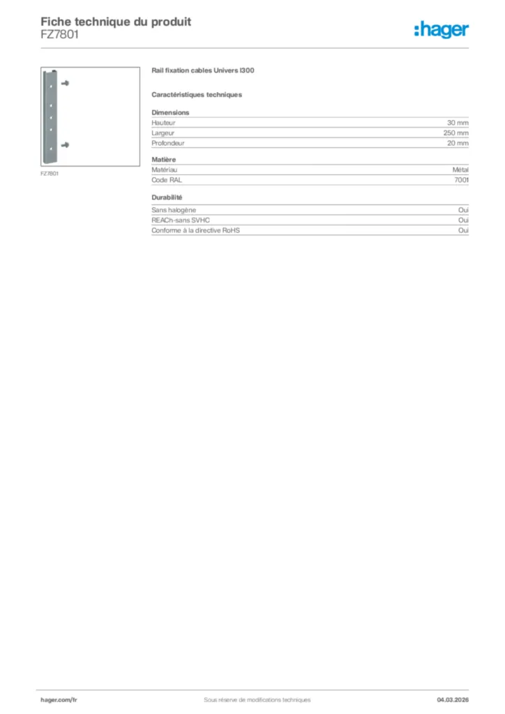 Image Hager Fiche technique du produit FZ7801 | Hager France