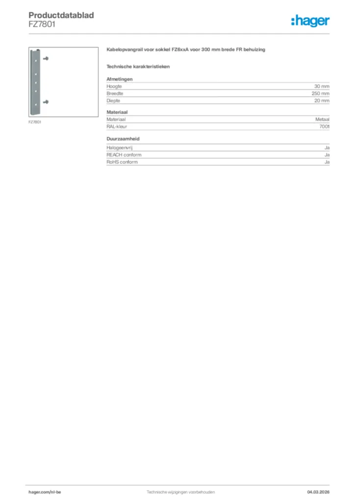 Afbeelding Hager Productdatablad FZ7801 | Hager Belgium