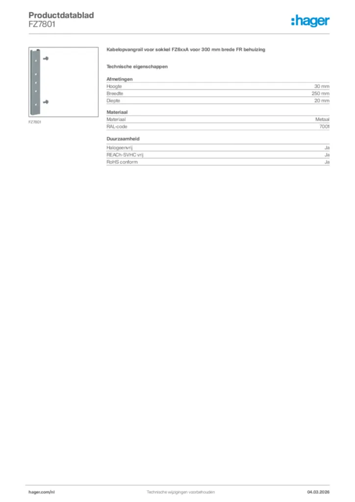 Afbeelding Hager Productdatablad FZ7801 | Hager Nederland