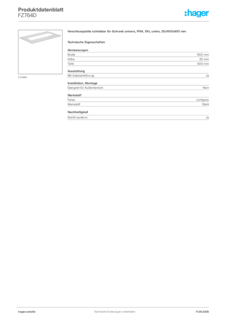 Bild Hager Produktdatenblatt FZ764D | Hager Deutschland