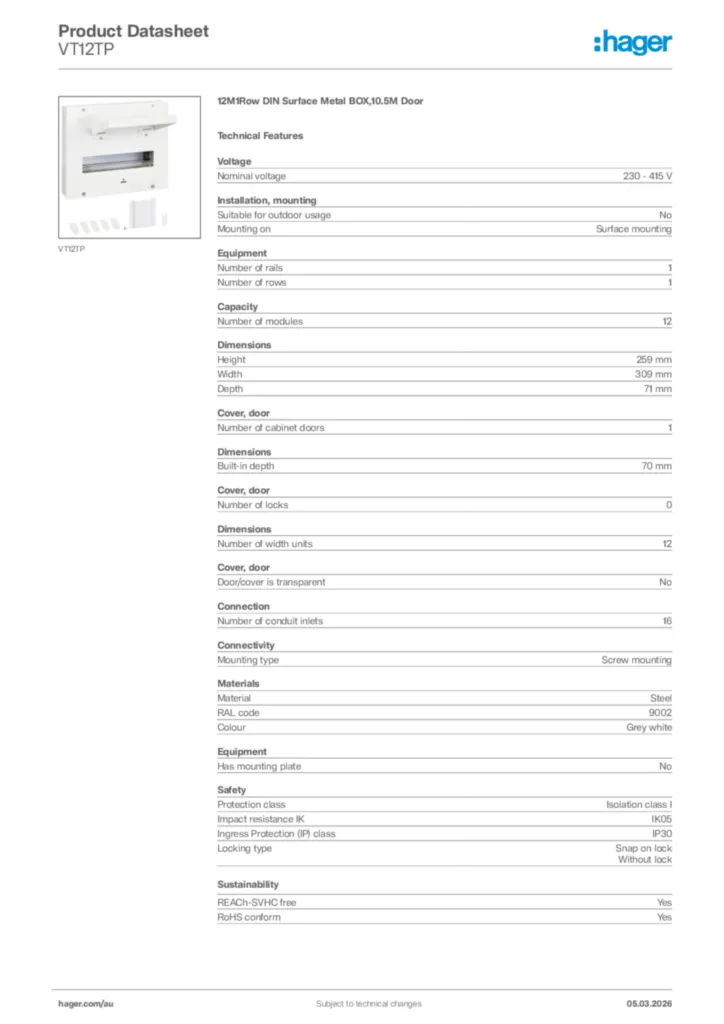 Image Hager Product data sheet VT12TP  | Hager Australia