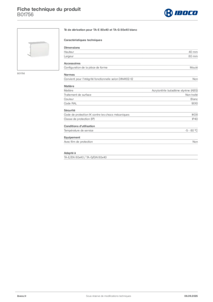 Image Iboco Fiche technique du produit B01756 | Hager France