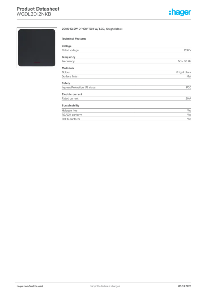 Image Hager Product data sheet WGDL2D12NKB  | Hager