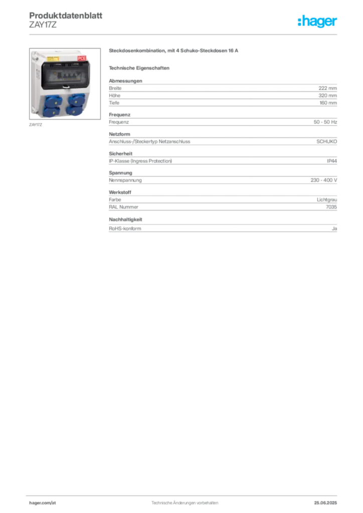 Bild Hager Produktdatenblatt ZAY17Z | Hager Deutschland