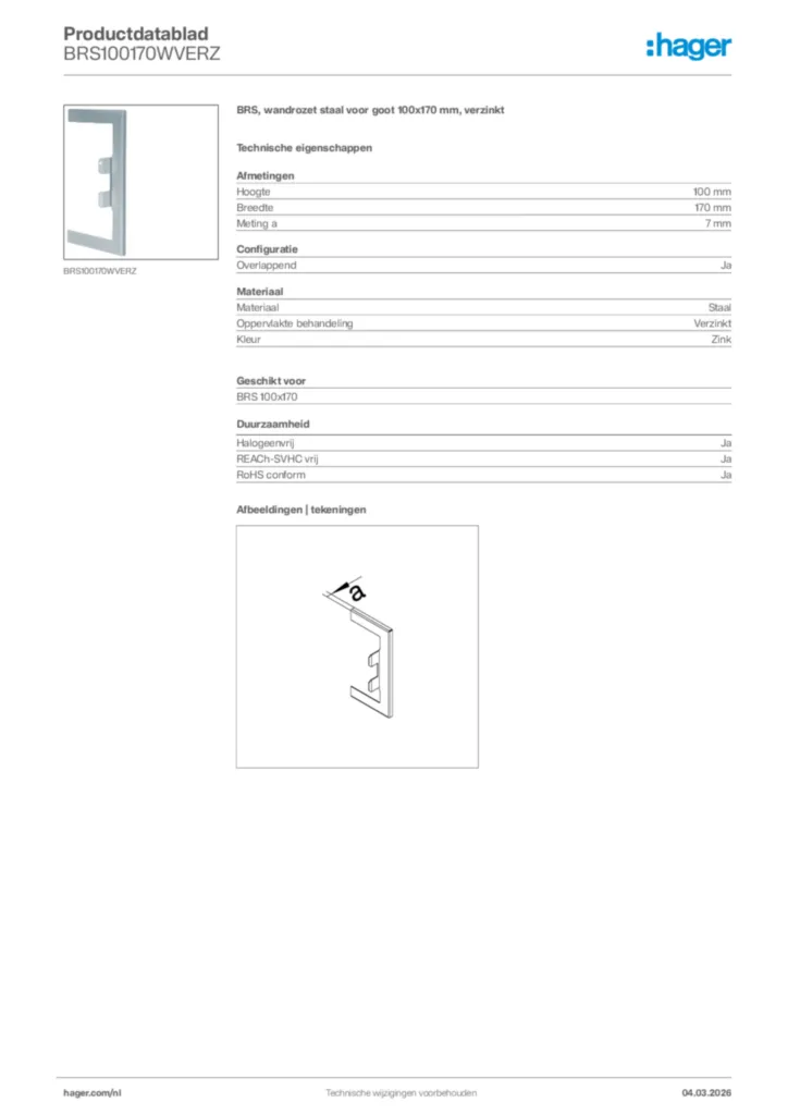 Afbeelding Hager Productdatablad BRS100170WVERZ | Hager Nederland