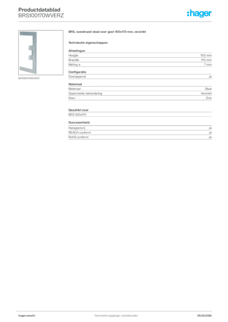 Afbeelding Hager Productdatablad BRS100170WVERZ | Hager Nederland