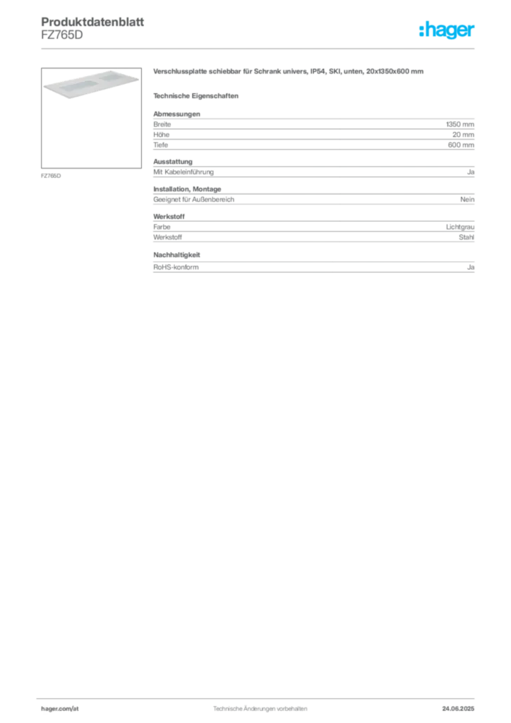 Bild Hager Produktdatenblatt FZ765D | Hager Deutschland