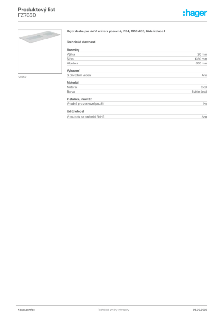 Obrázek Hager Produktový list FZ765D | Hager