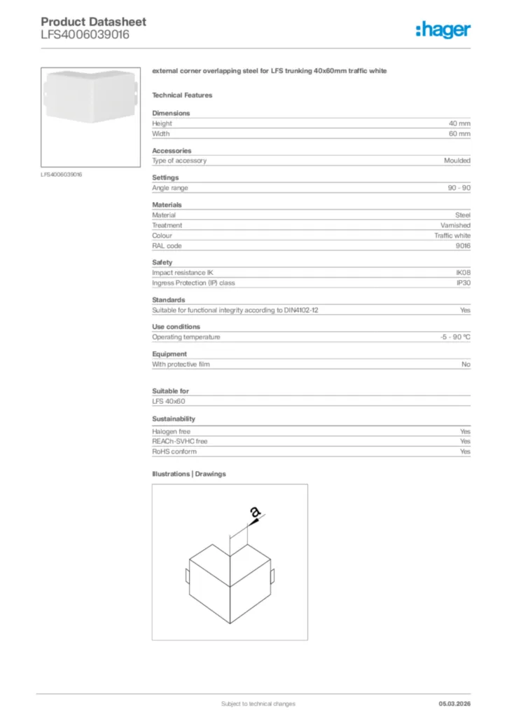 Image Hager Product data sheet LFS4006039016  | Hager Africa
