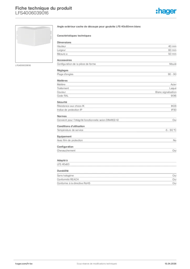 Image Hager Fiche technique du produit LFS4006039016 | Hager Belgique