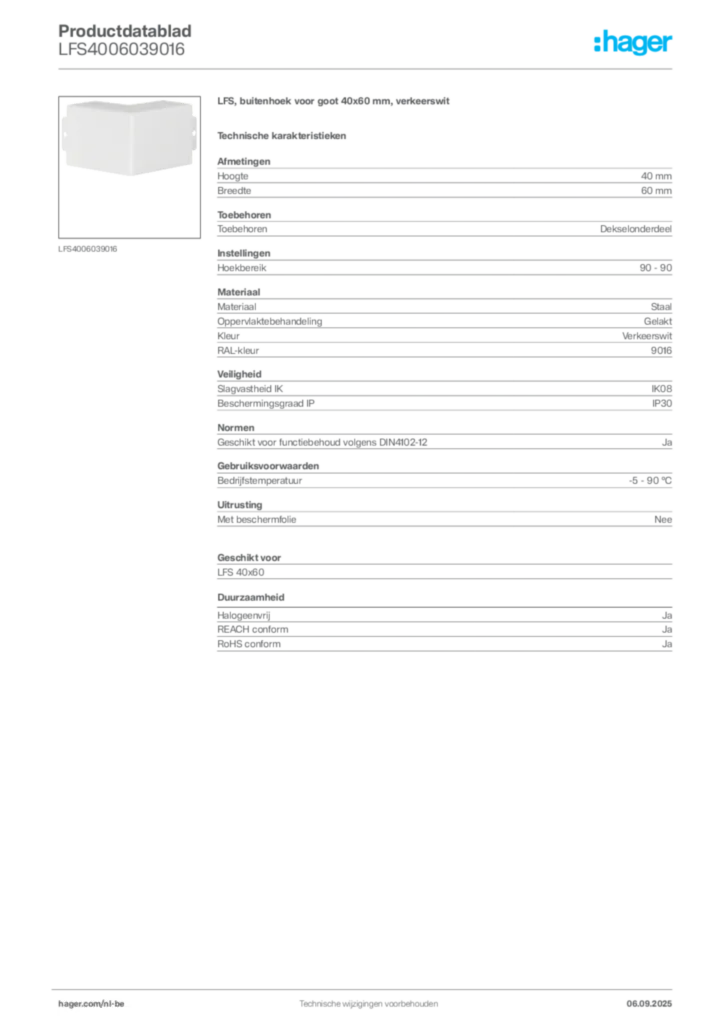 Afbeelding Hager Productdatablad LFS4006039016 | Hager Belgium