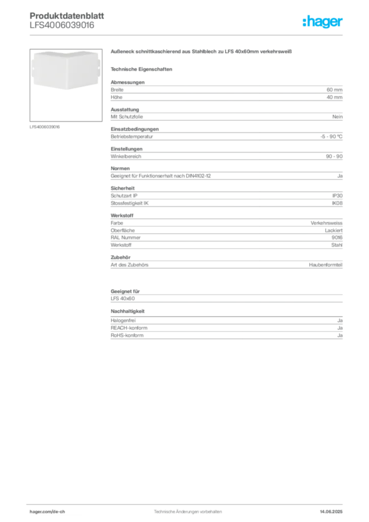 Bild Hager Produktdatenblatt LFS4006039016 | Hager Schweiz