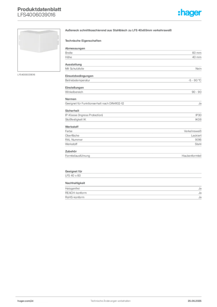 Bild Hager Produktdatenblatt LFS4006039016 | Hager Deutschland