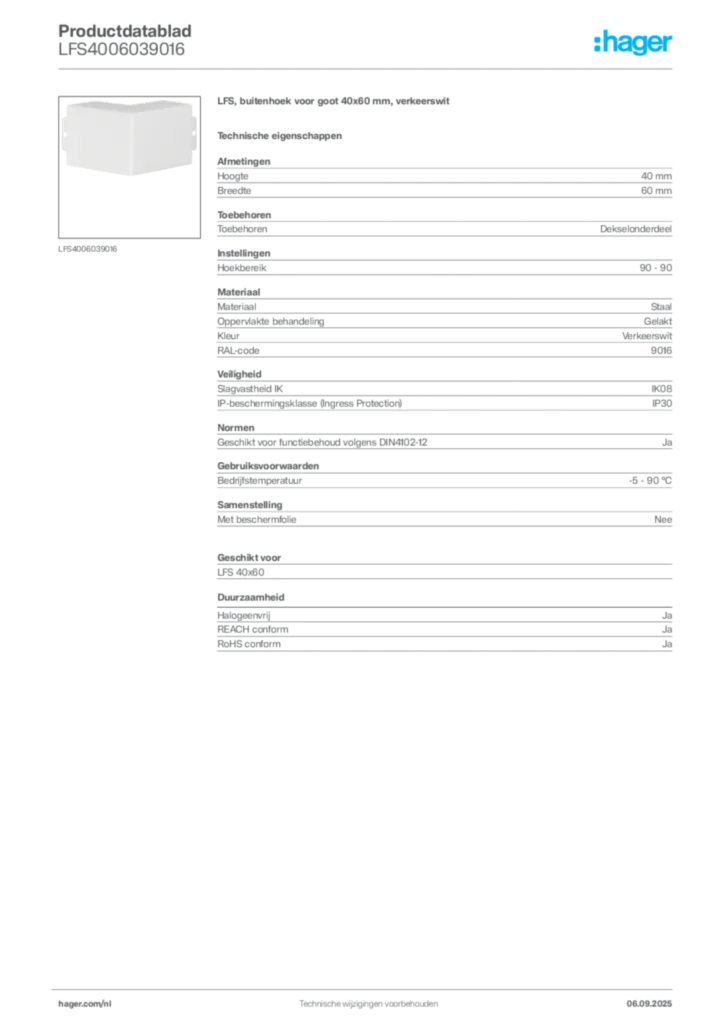 Afbeelding Hager Productdatablad LFS4006039016 | Hager Nederland