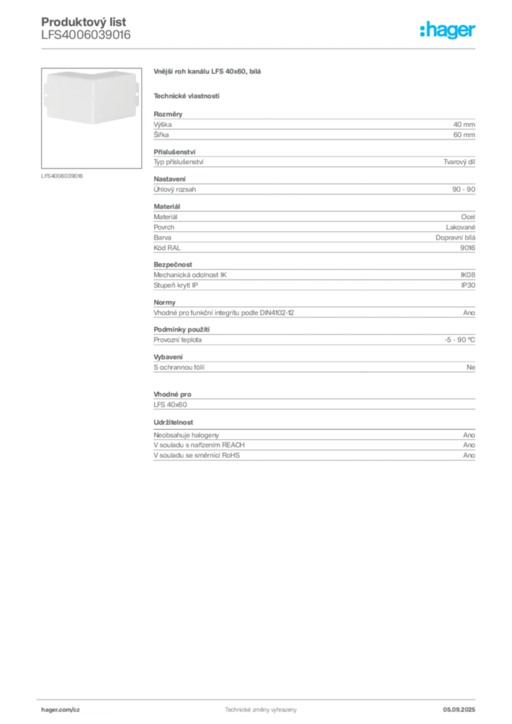 Obrázek Hager Produktový list LFS4006039016 | Hager