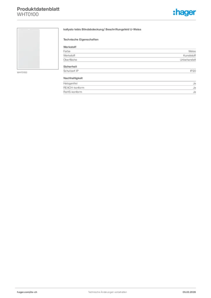 Bild Hager Produktdatenblatt WHT0100 | Hager Schweiz