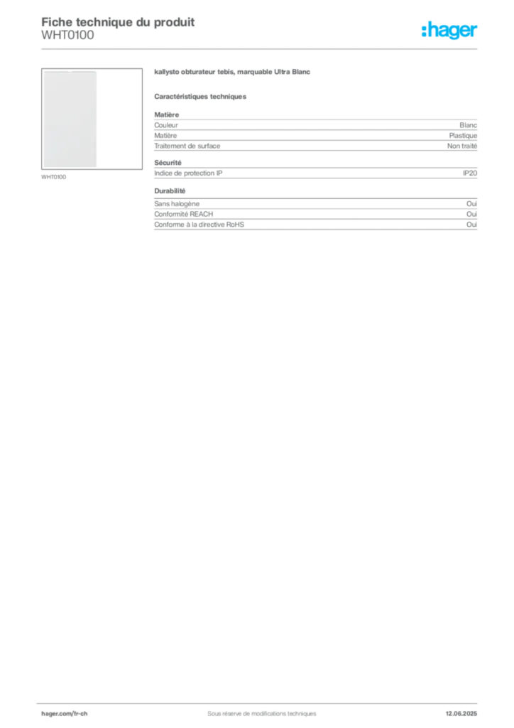 Image Hager Fiche technique du produit WHT0100 | Hager Suisse