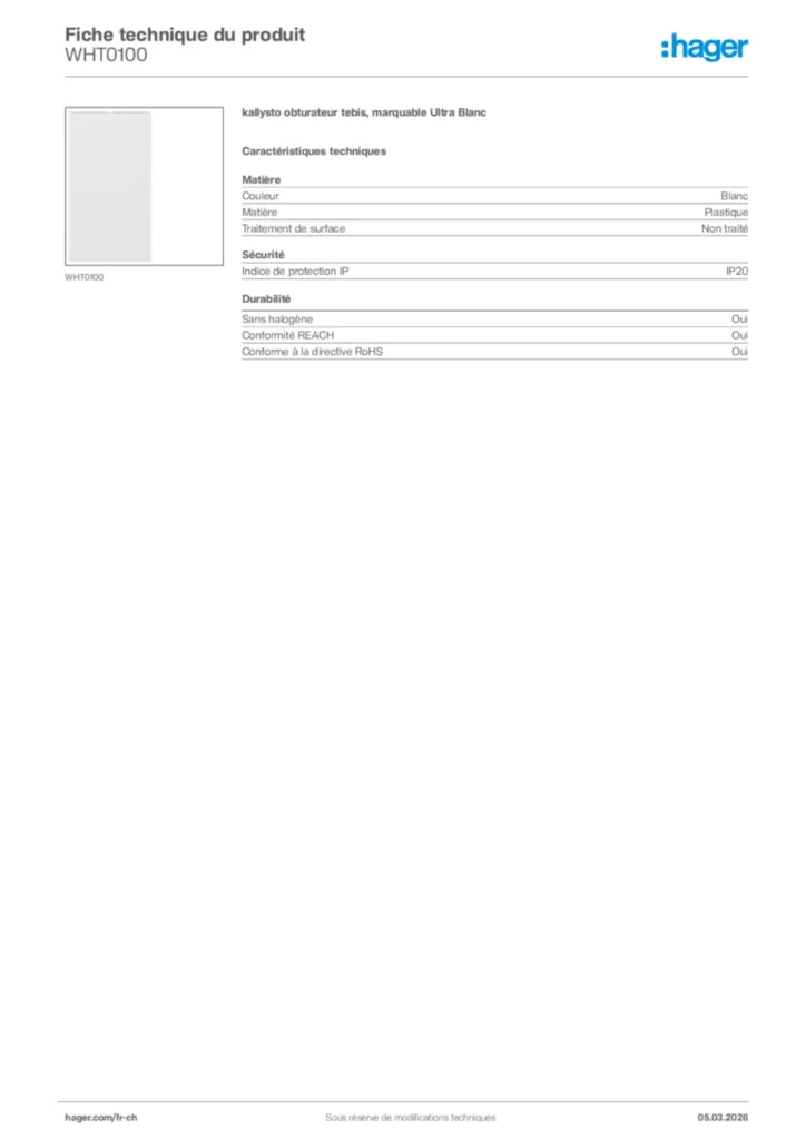 Image Hager Fiche technique du produit WHT0100 | Hager Suisse