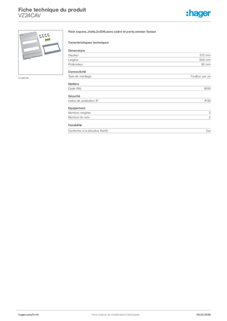 Image Hager Fiche technique du produit VZ24CAV | Hager Suisse