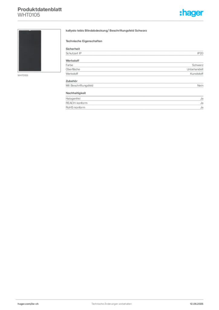 Bild Hager Produktdatenblatt WHT0105 | Hager Schweiz