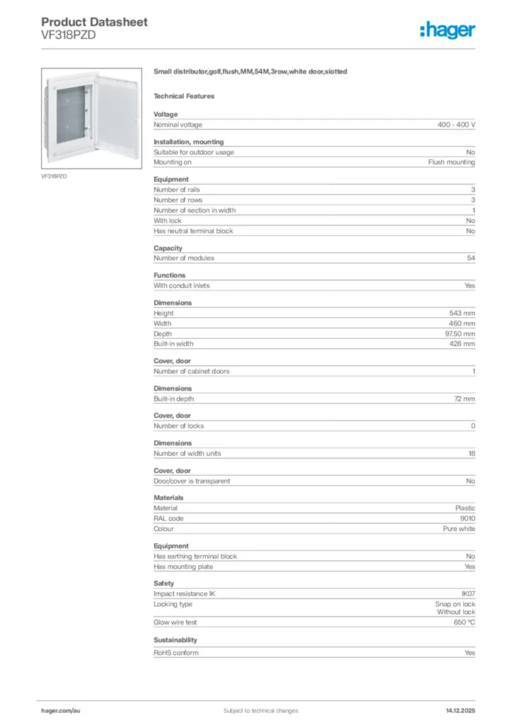 Image Hager Product data sheet VF318PZD  | Hager Australia
