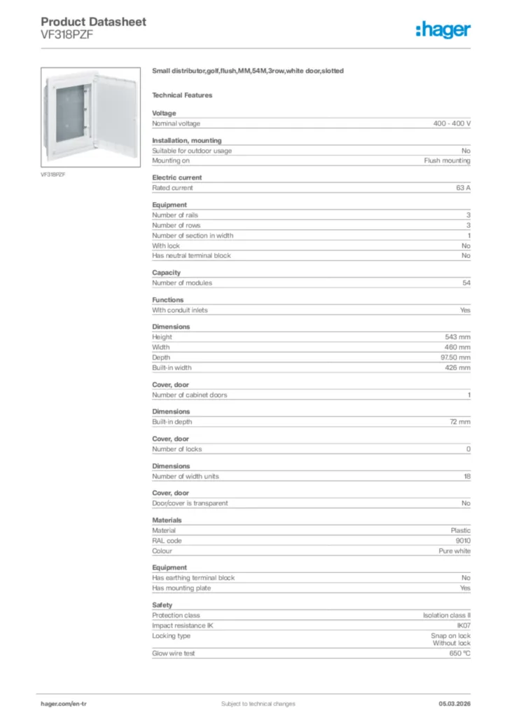 Image Hager Product data sheet VF318PZF  | Hager