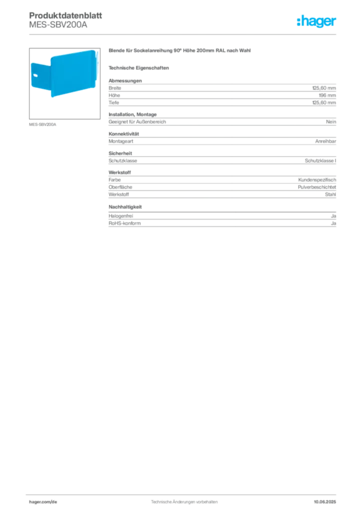 Bild Hager Produktdatenblatt MES-SBV200A | Hager Deutschland