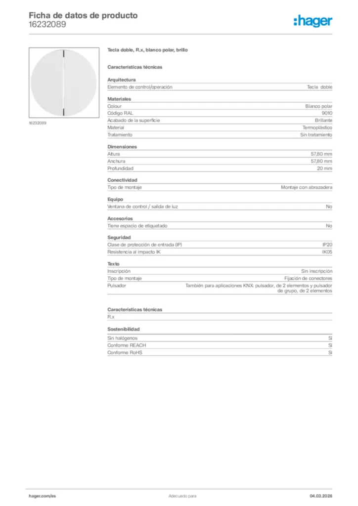 Imagen Hager Ficha de datos de producto 16232089 | Hager España