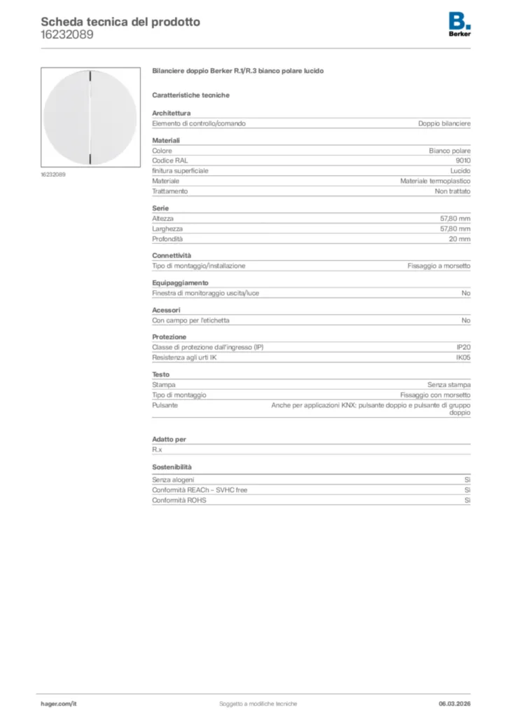 Immagine Berker Scheda tecnica del prodotto 16232089 | Hager Italia