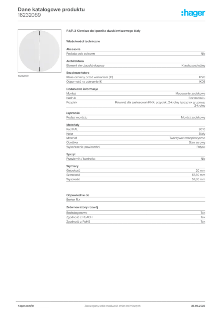 Zdjęcie Hager Dane katalogowe produktu 16232089 | Hager Polska