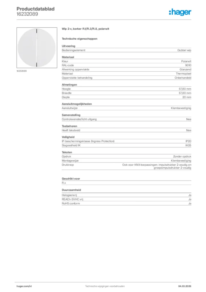 Afbeelding Hager Productdatablad 16232089 | Hager Nederland