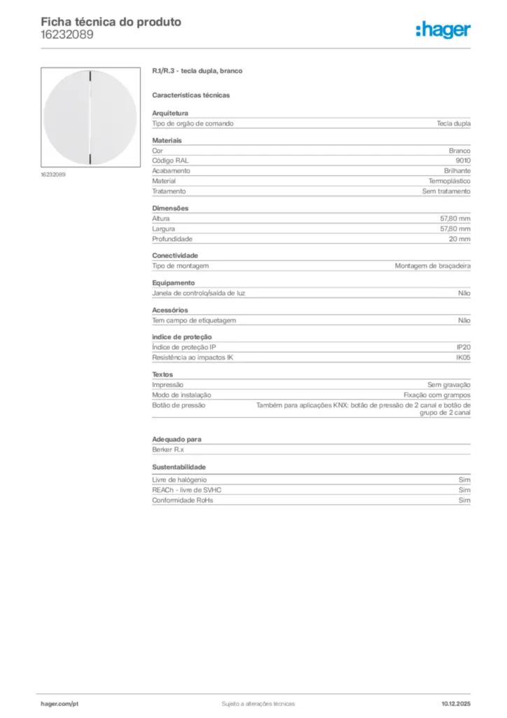 Imagem Hager Ficha técnica do produto 16232089 | Hager Portugal